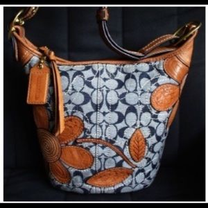 Coach denim duffel bag, whiskey leather, flowered
